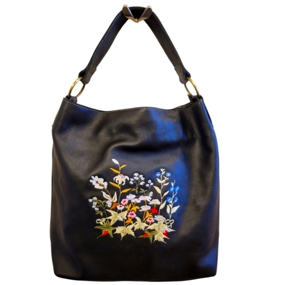 AmeriLeather Floral Embroidered Leather Hobo Handbag Pockets Carry On Travel Bag - Picture 1 of 10